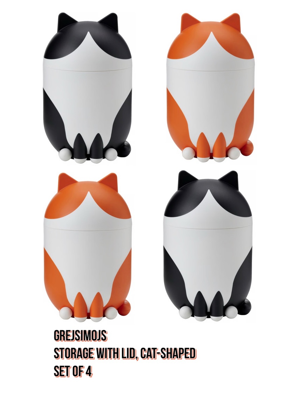 Cat-Shaped Storage with Lid - Set of 4 (Black & Orange)